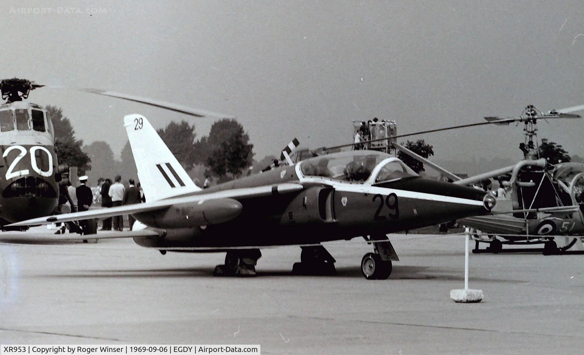 XR953, 1963 Hawker Siddeley Gnat T.1 C/N FL570, RAF Gnat T1 coded 29 of 4FTS. At the 1969 RNAS Yeovilton Naval Air Day. Became maintenance airframe 8609M and then N953RH