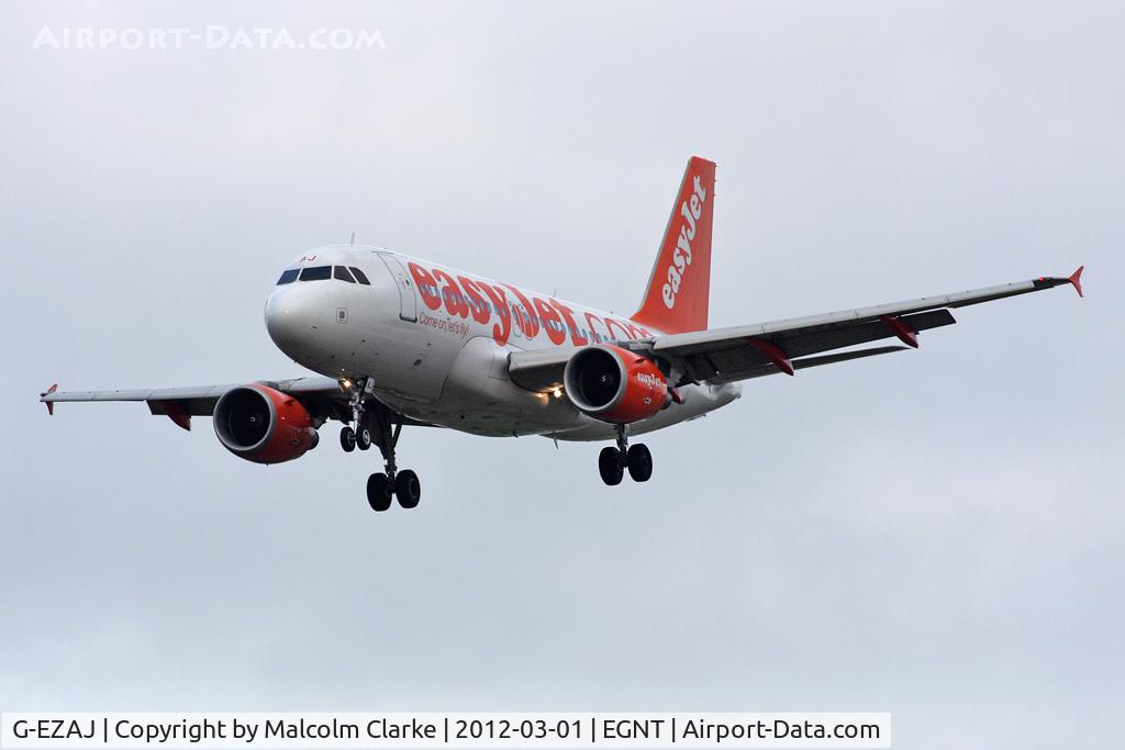 G-EZAJ, 2006 Airbus A319-111 C/N 2742, Airbus A319-111 on approach to Runway 25 at Newcastle Airport, March 2012.