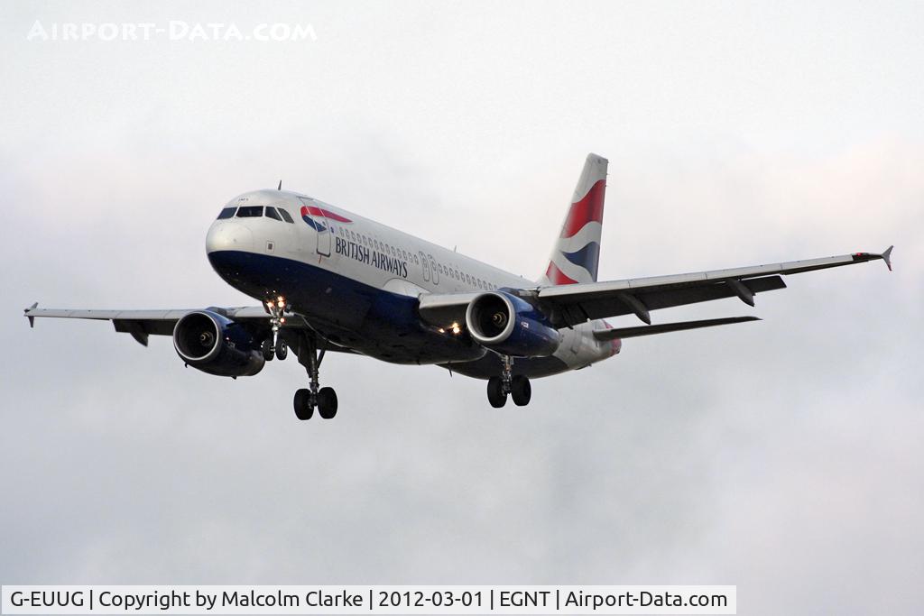 G-EUUG, 2002 Airbus A320-232 C/N 1829, Airbus A320-232 on approach to Runway 25 at Newcastle Airport, March 2012.