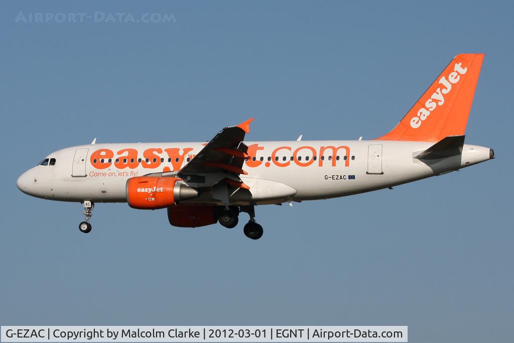 G-EZAC, 2006 Airbus A319-111 C/N 2691, Airbus A319-111 on approach to Runway 25 at Newcastle Airport, March 2012.