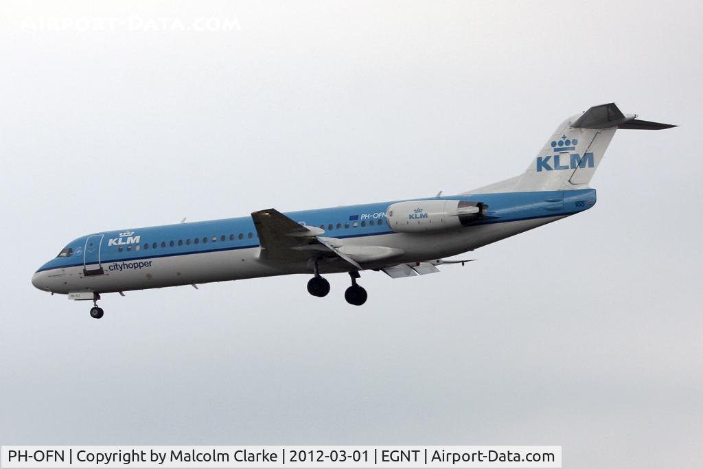 PH-OFN, 1993 Fokker 100 (F-28-0100) C/N 11477, Fokker 100 on approach to Runway 25 at Newcastle Airport, March 2012.