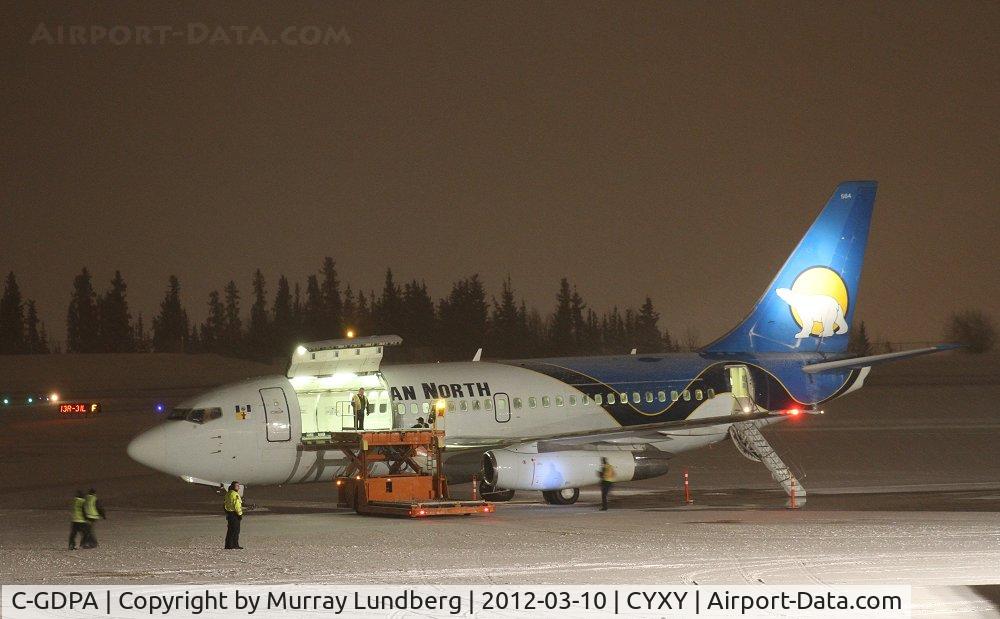 C-GDPA, 1980 Boeing 737-2T2C C/N 22056, Getting ready to load sled dog teams and other Arctic Winter Games freight on a snowy night in Whitehorse.