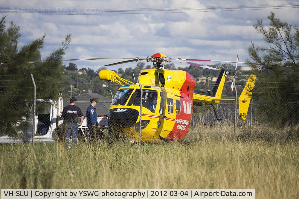 VH-SLU, MBB-Kawasaki BK-117B-2 C/N 1065, Westpac Lifesaver 3 at the NSW RFS Riverina Zone HQ in Wagga Wagga.