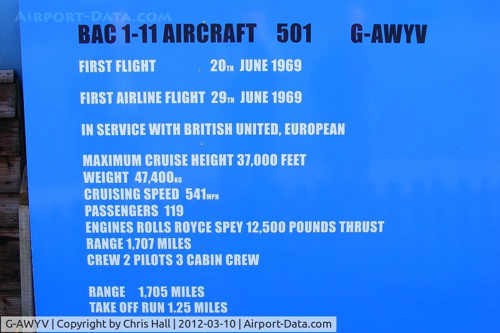 G-AWYV, 1969 BAC 111-501EX One-Eleven C/N BAC.178, info board for BAC 1-11 G-AWYV preserved by The Departure Lounge Cafe at Hillside Nurseries. Alton