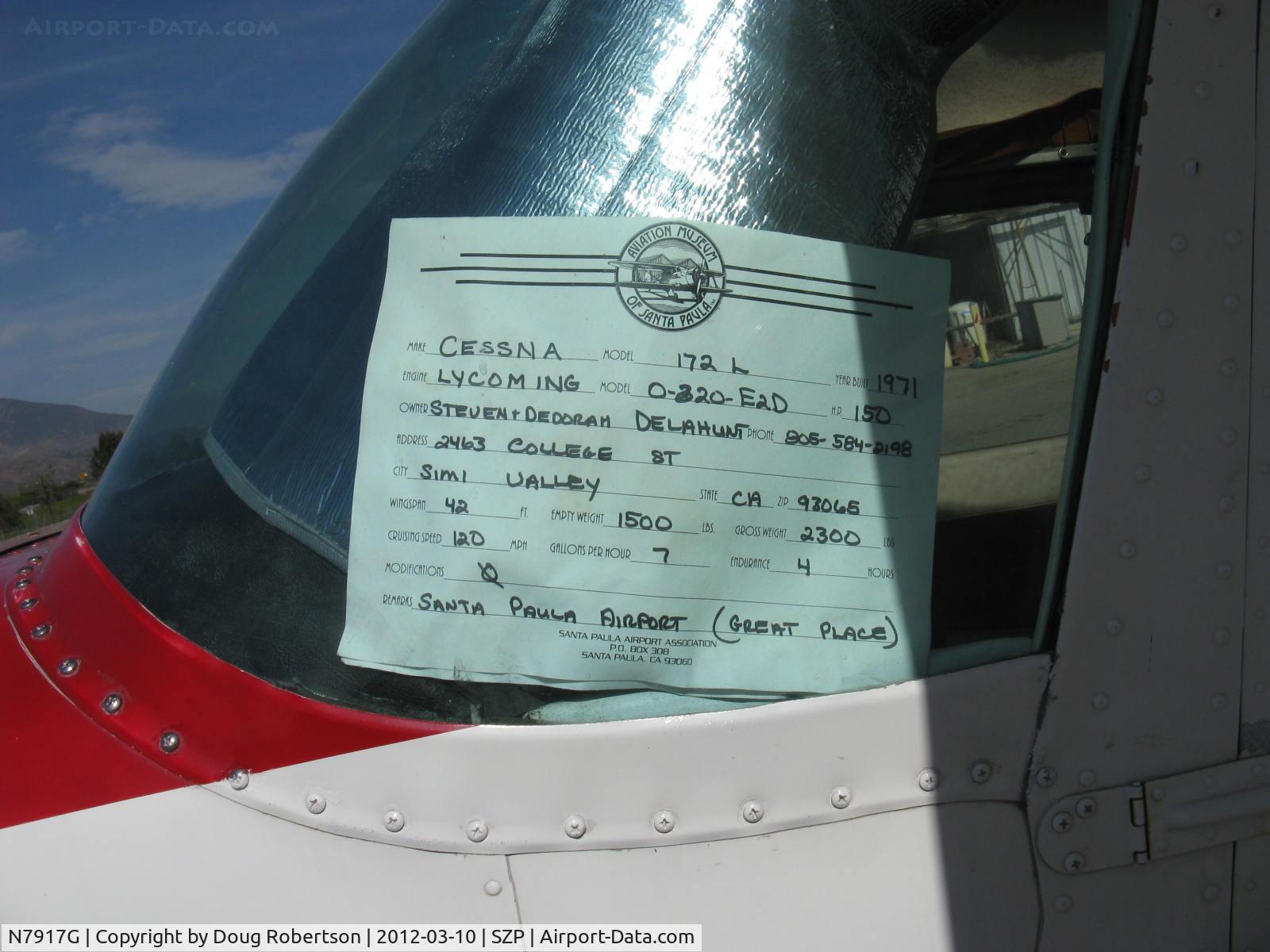 N7917G, 1970 Cessna 172L C/N 17259617, 1970 Cessna 172L SKYHAWK II, Lycoming O-320-E2D 150 Hp, data card with nice compliment