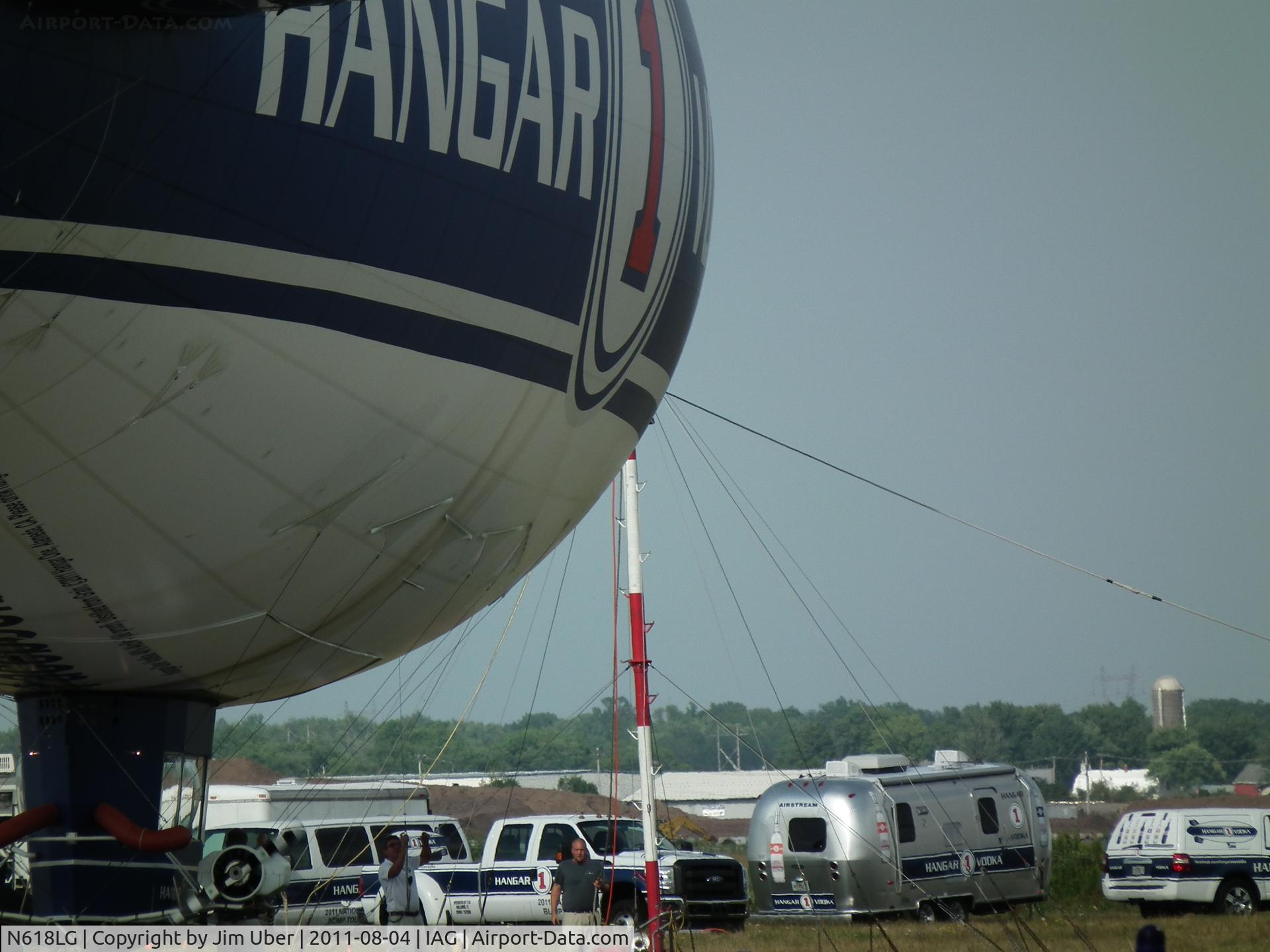 N618LG, 2000 American Blimp Corp A-60+ C/N 018, Down and secure at Niagara. Less than a week after these were shot, the airship got loose from the mast during a storm outside Columbus, Ohio, and came to rest in a lady's back yard in Worthington, Ohio. Very slight damage to the house.