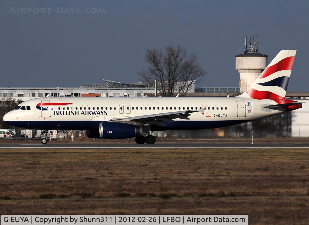 G-EUYA, 2008 Airbus A320-232 C/N 3697, Ready for take off rwy 32R with additional Olympic Games 2012 patch...