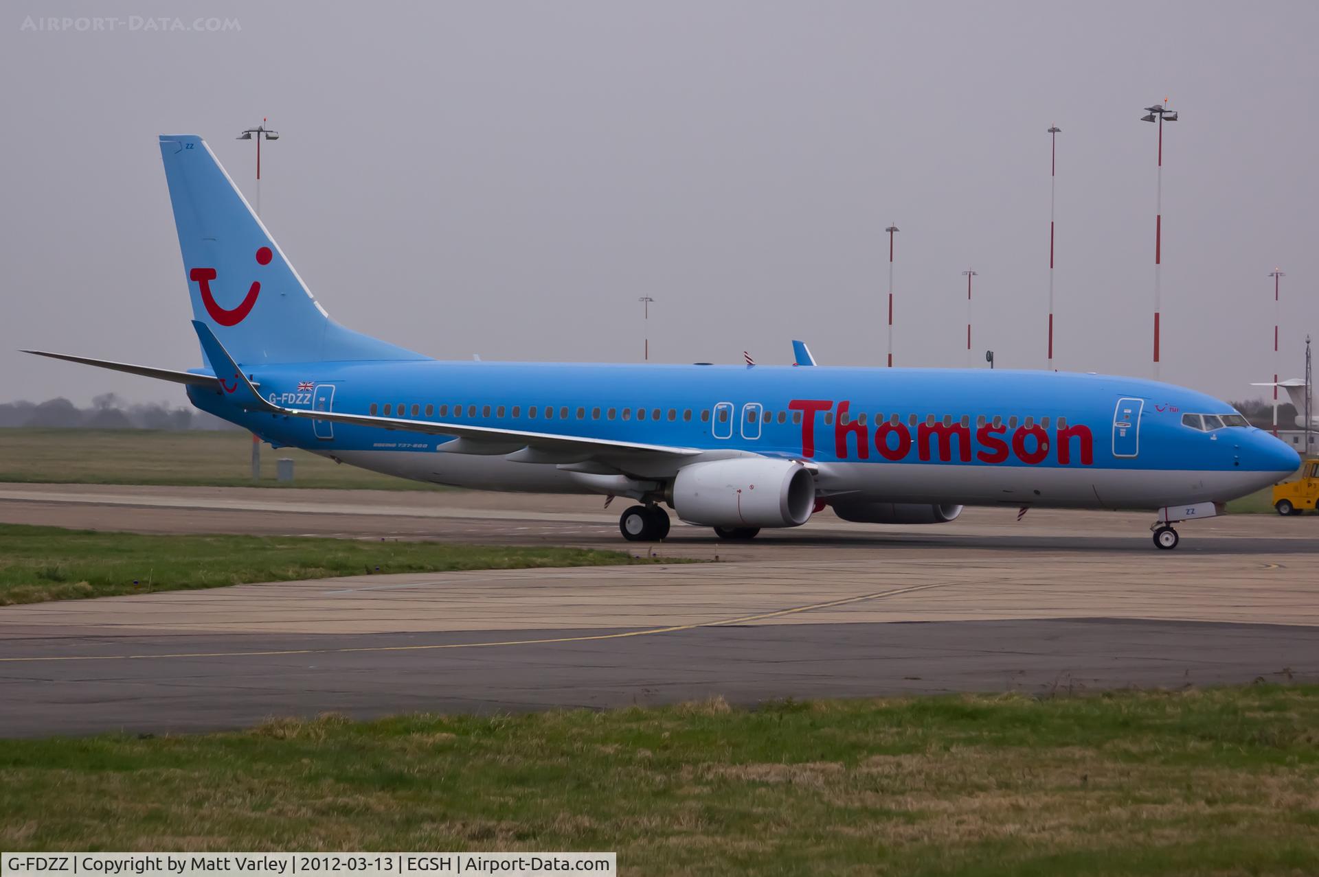 G-FDZZ, 2011 Boeing 737-8K5 C/N 37262, Taxiing to the terminal at EGSH for the first time.