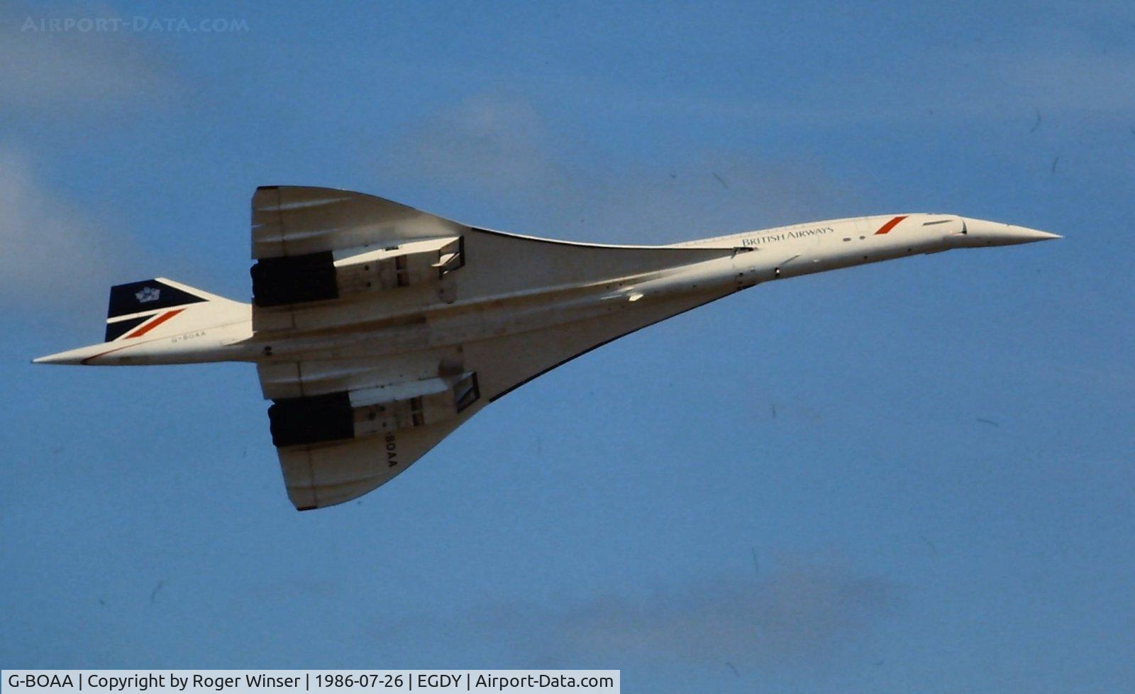 G-BOAA, 1974 Aerospatiale-BAC Concorde 1-102 C/N 100-006, Flypast by BA Concorde at the RNAS Yeovilton Air Day July 1986.