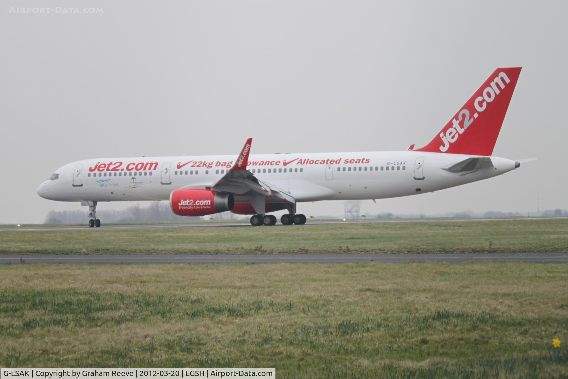 G-LSAK, 1996 Boeing 757-23N C/N 27973, Back tracking on 27 at Norwich.