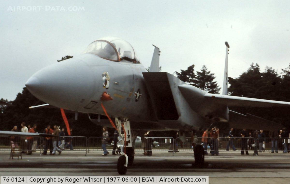76-0124, 1976 McDonnell Douglas F-15B Eagle C/N 0185/B026, Bitburg Eagle. Coded BT/124 from the 36TFW USAF on display at the IAT held at RAF Greenham Common in June 1977 .