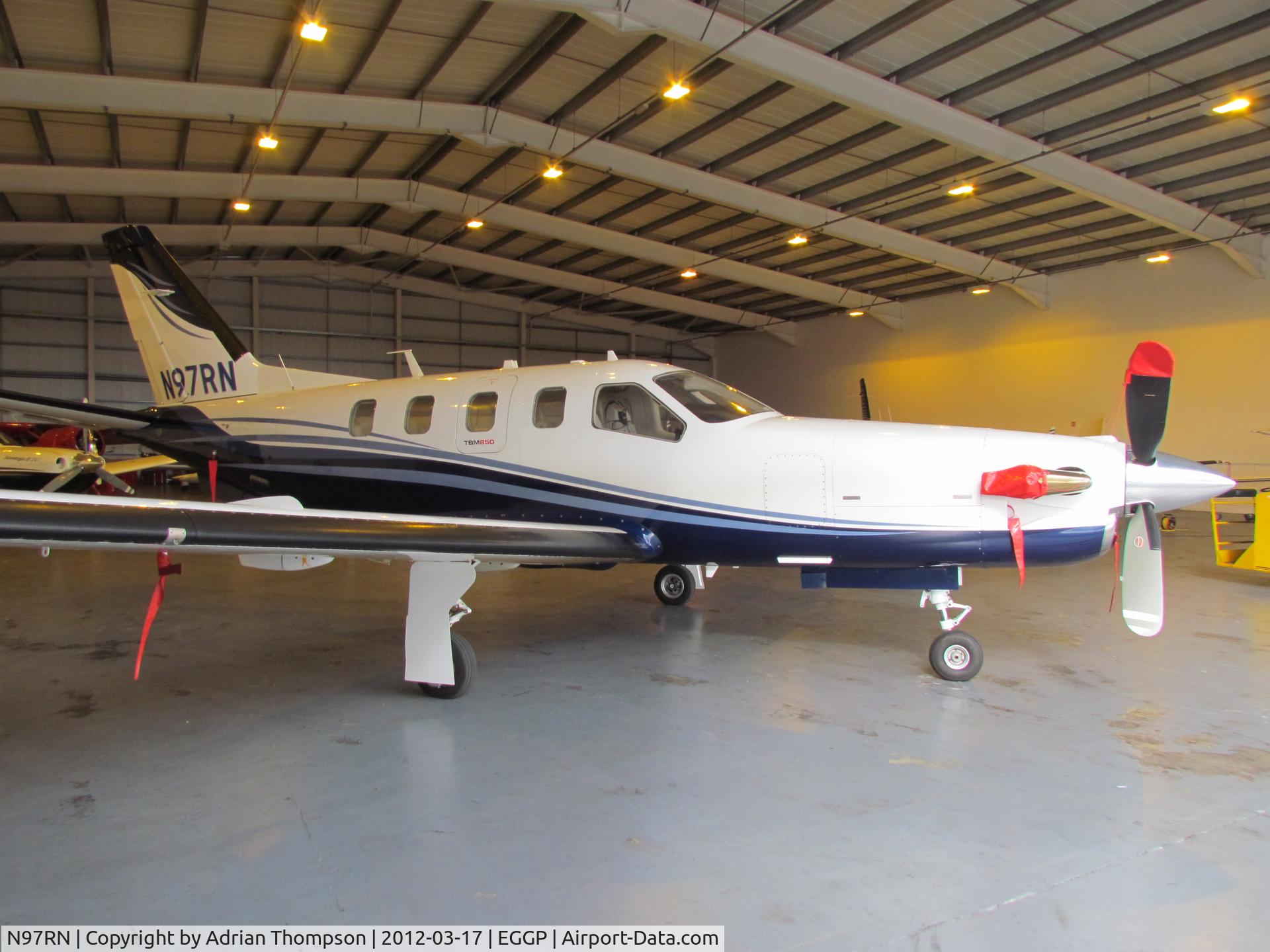 N97RN, 2010 Socata TBM-850 C/N 537, parked up in Ravenair No 2 hangar at Liverpool John Lennon
