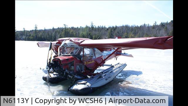 N6113Y, 2000 Blue Yonder Merlin C/N 94029, crashed on take off on Pleasant Lake in Otisfield maine 3/17/2012 around noon time pilot suffered minor injures broken ankle cuts on face