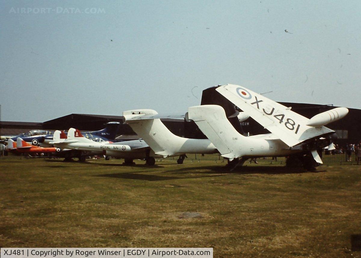 XJ481, 1958 De Havilland DH-110 Sea Vixen FAW.1 C/N 10008, Fleet Air Arm Museum Sea Vixen lined up with a Sea Venom and Sea Vampires. Photograph taken in the mid-1970's.