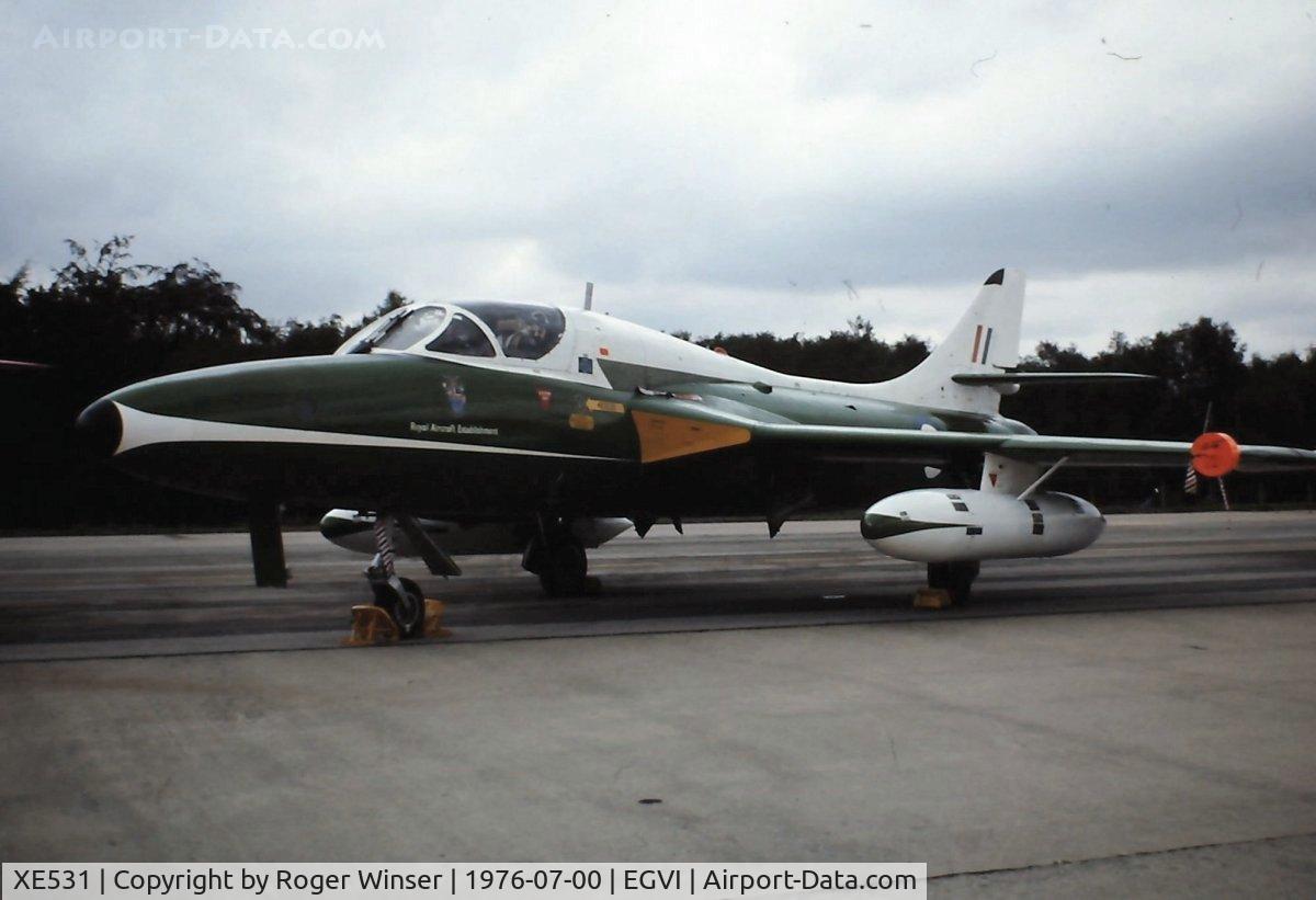 XE531, 1956 Hawker Hunter T.12 C/N 41H/679906, The unique Hawker Hunter T.12 operated by RAE Farnborough. On static display at the IAT76 held at RAF Greenham Common in July 1976.