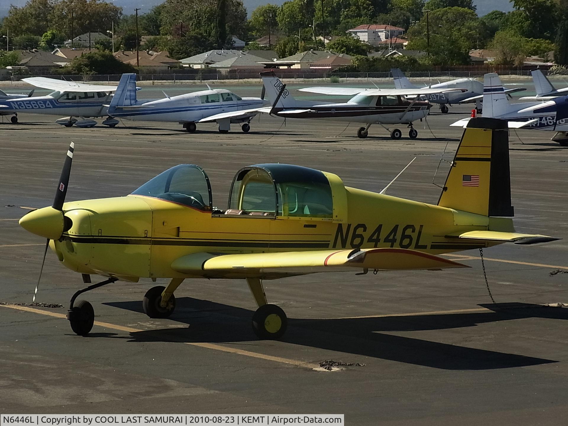 N6446L, 1972 American Aviation AA-1A Trainer C/N AA1A-0446, El Monte Airport, transient parking. A view from the cafe.