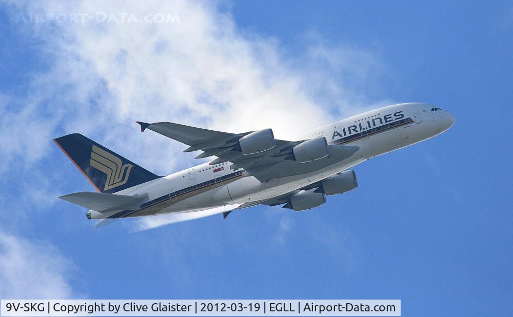 9V-SKG, 2008 Airbus A380-841 C/N 019, Departing Heathrow to Singapore-Changi on Flight No: SQ317 - Photo taken from my back garden