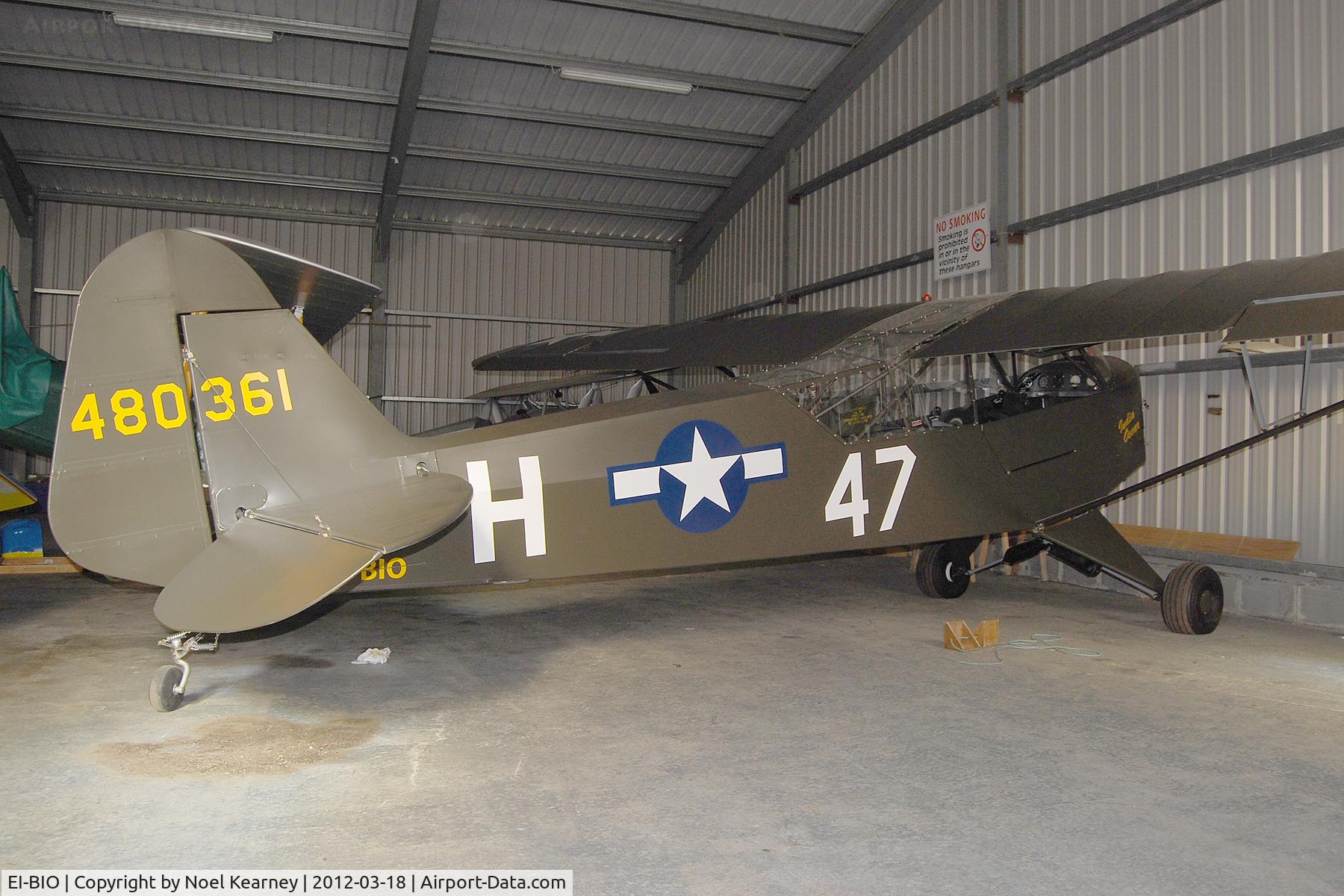 EI-BIO, 1945 Piper L-4J Grasshopper (J3C-65D) C/N 12657, In the hanger at Limetree Airfield during the March Fly-in 2012.