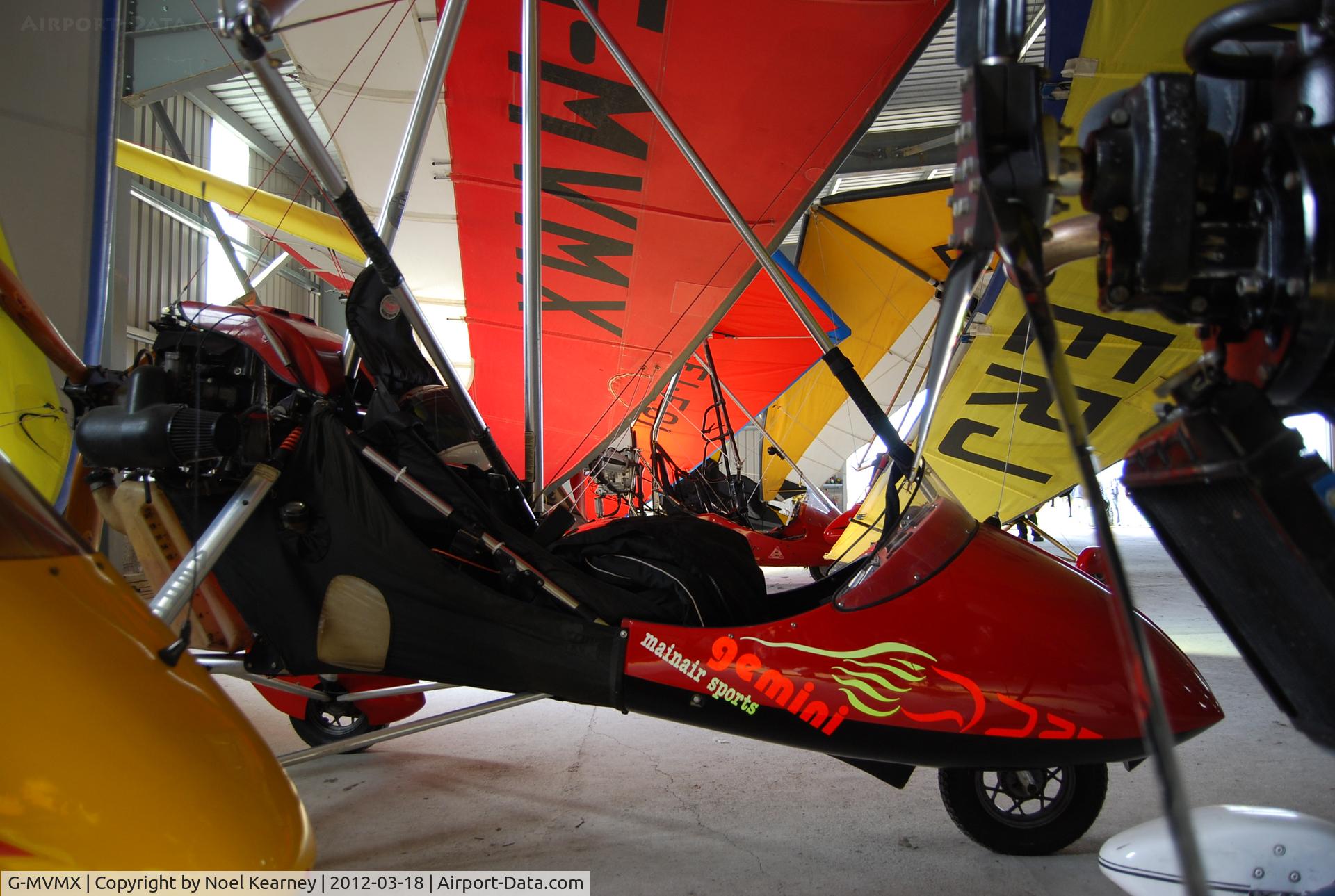 G-MVMX, 1988 Mainair Gemini Flash IIA C/N 721-189-6-W513, In the hanger at Limetree Airfield during the March Fly-in 2012.