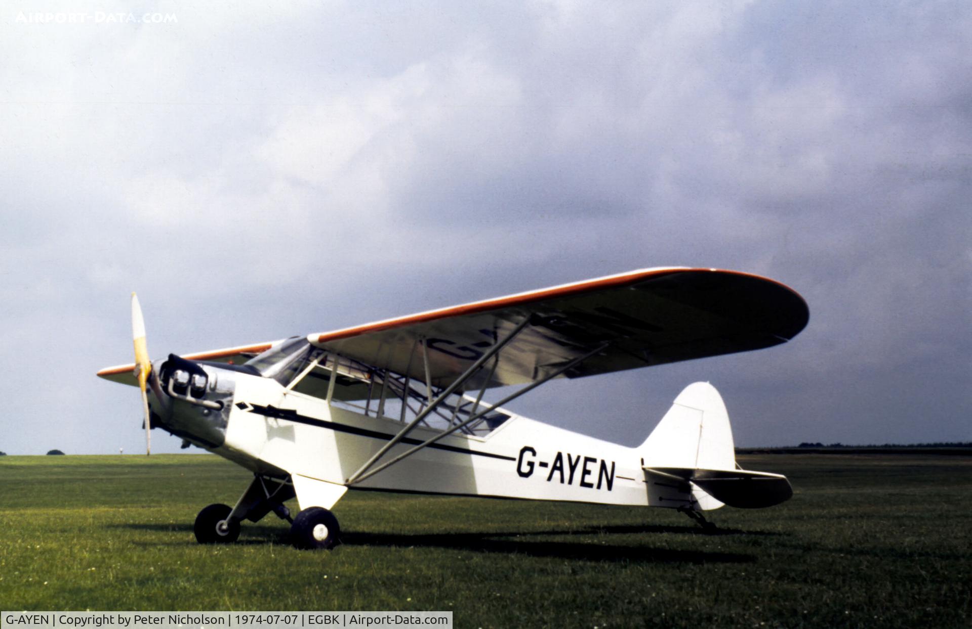 G-AYEN, 1944 Piper J3C-65 Cub Cub C/N 43835, Piper J3C-65 Cub seen at the 1974 Popular Flying Association Fly-in at Sywell.