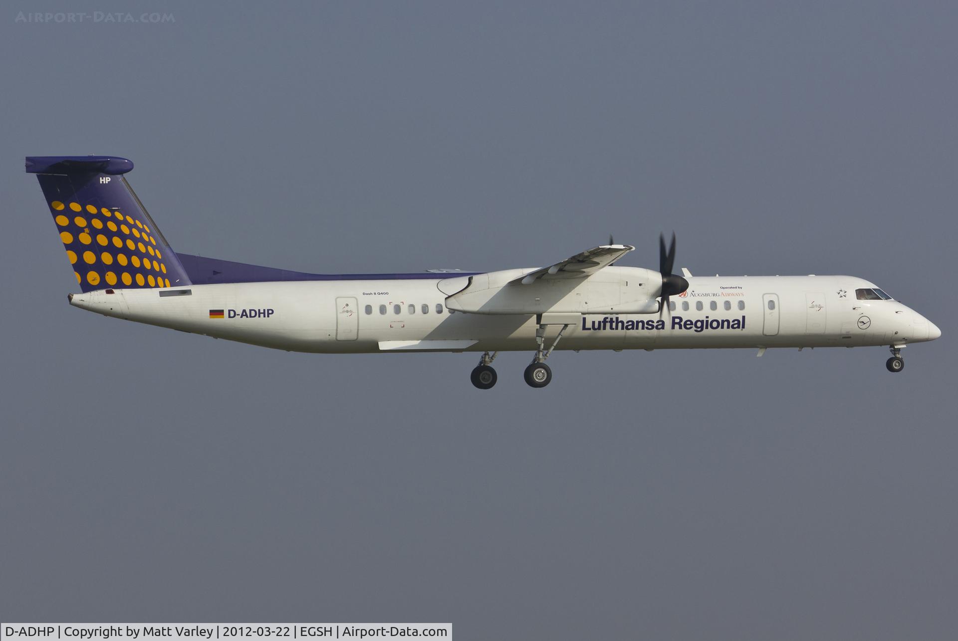 D-ADHP, 1998 De Havilland Canada DHC-8-402 Dash 8 C/N 4003, Arriving at EGSH for spray.
