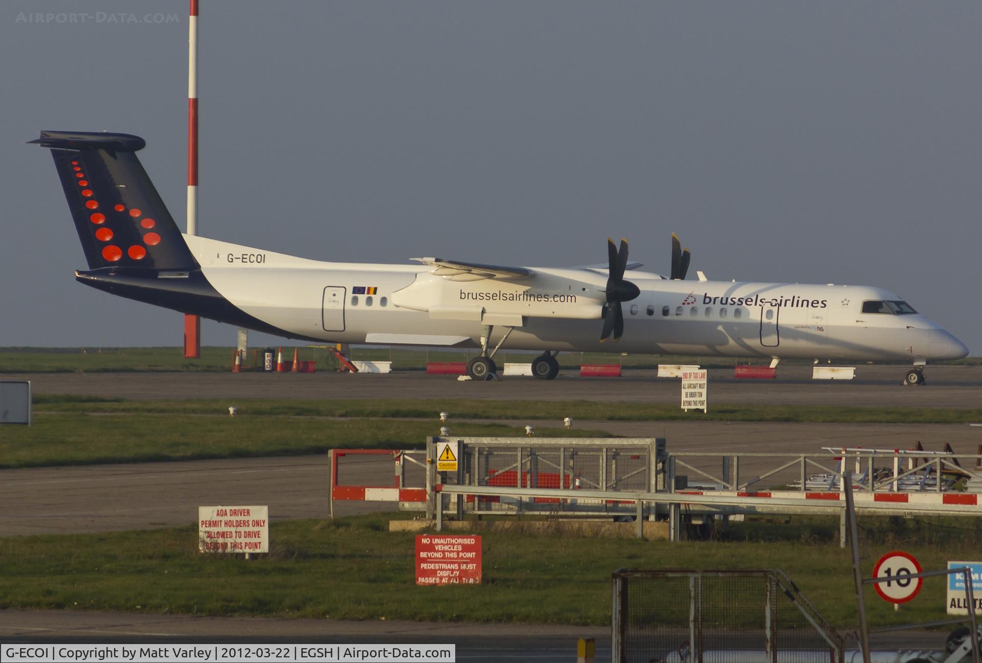 G-ECOI, 2008 De Havilland Canada DHC-8-402Q Dash 8 C/N 4224, Sat on stand 9 after spray into Brussels Airlines C/S.