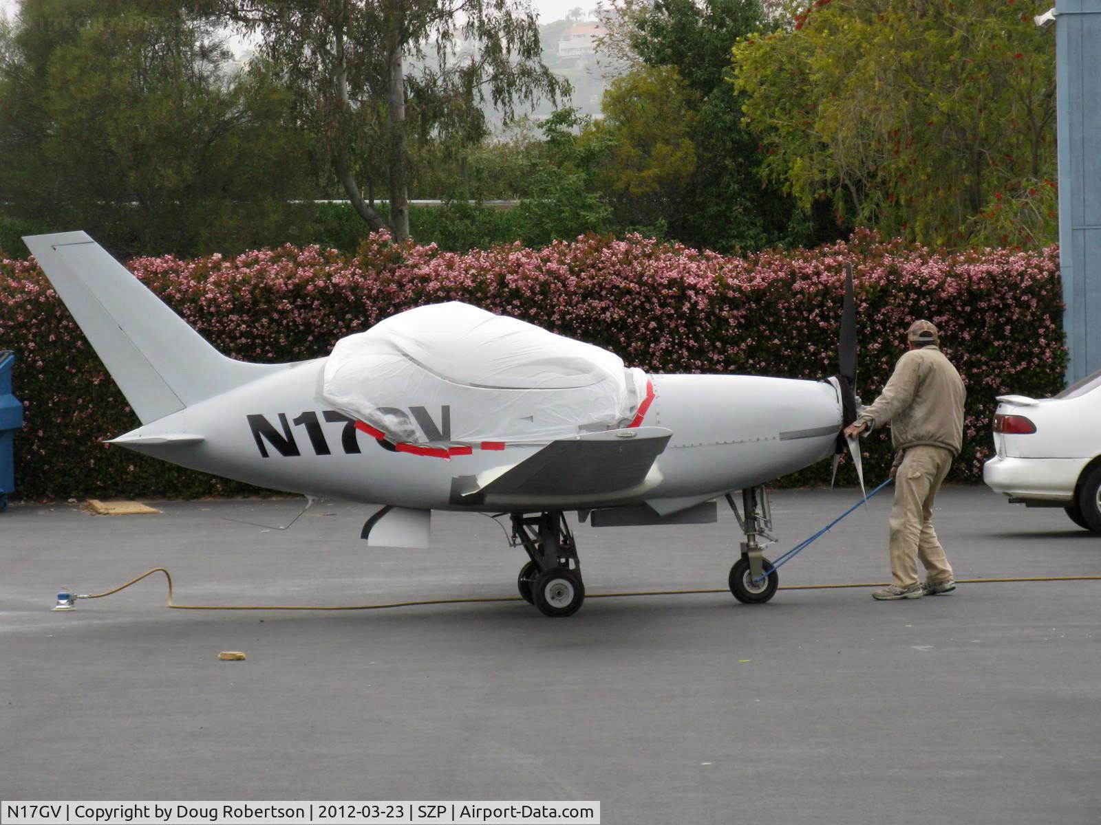 N17GV, Questair Venture C/N 9, 2011 Questair VENTURE SPIRIT, Continental IO-550 300 Hp, conversion to new design retractable gear version by Aviation F/X. Ten fixed-gear QV SPIRIT's were originally sold as kits. Spotting the aircraft.