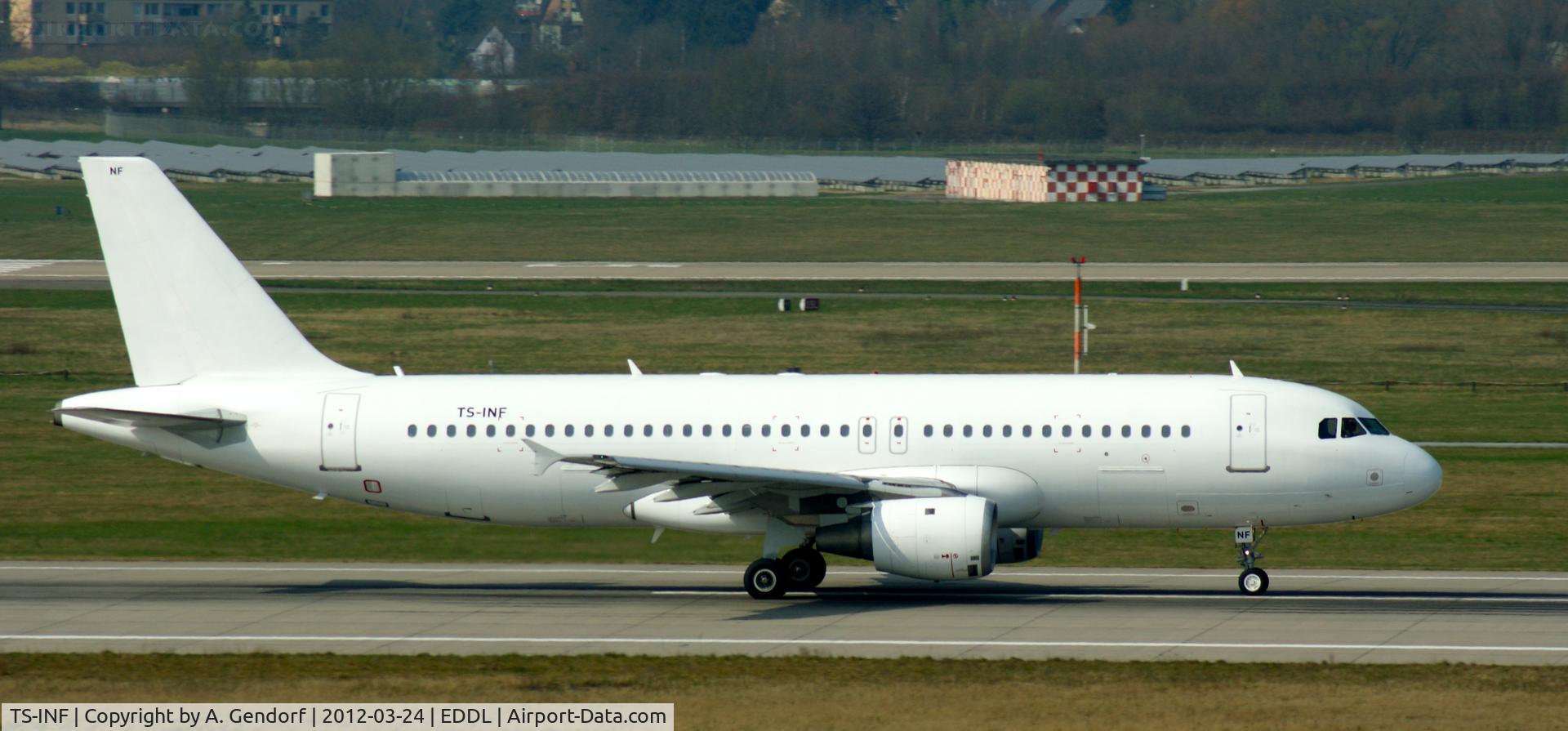 TS-INF, 1998 Airbus A320-214 C/N 937, Nouvelair (Untitled), is seen here running down runway 05R at Düsseldorf Int´l (EDDL)