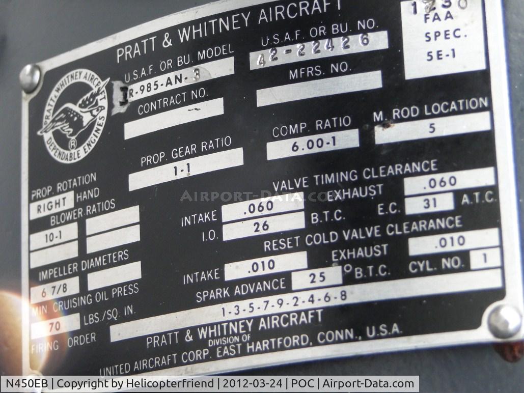N450EB, 1972 Boeing A75N1(PT17) C/N 75-2480, Engine information P&W R985 AN-3 450 hp