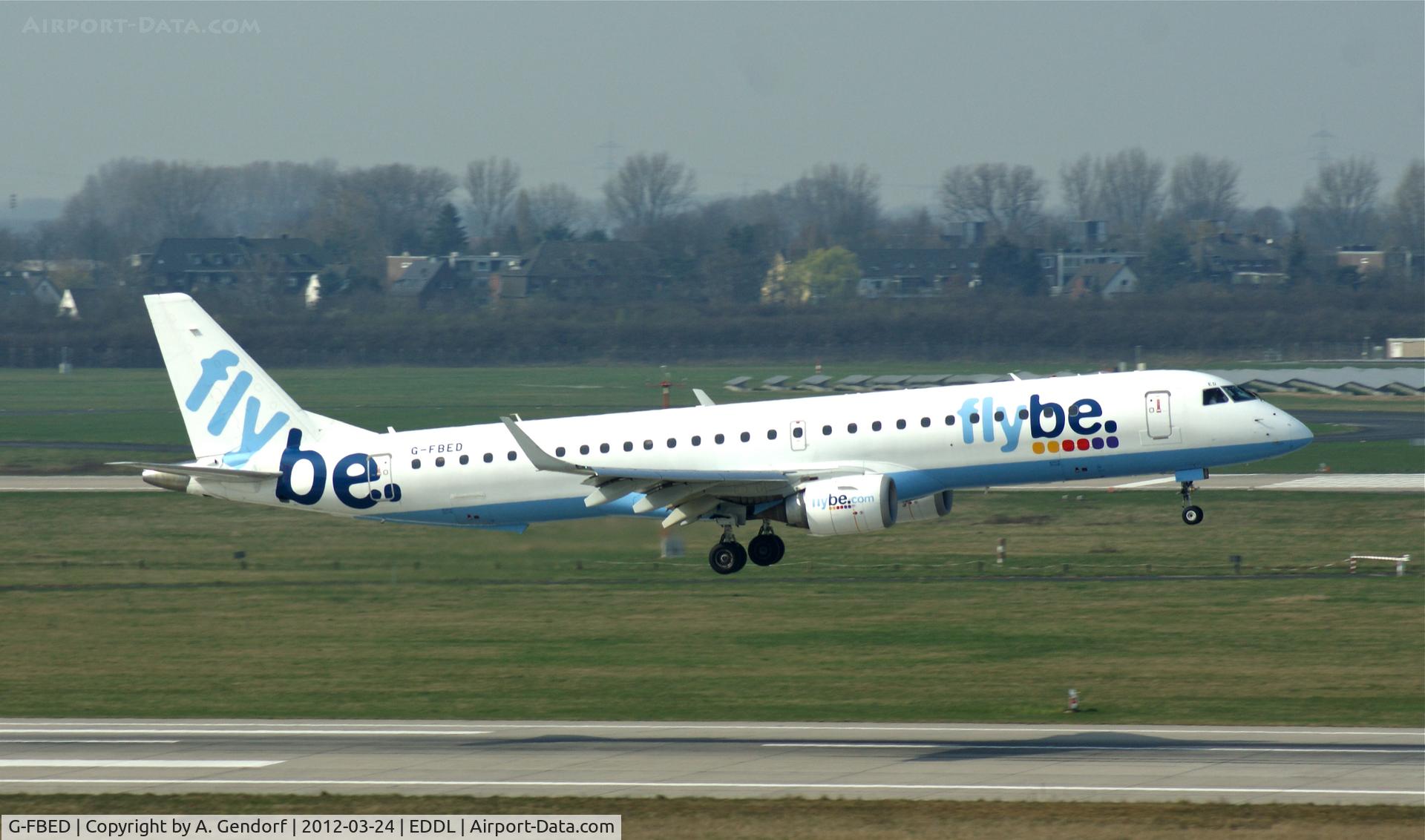 G-FBED, 2007 Embraer 195LR (ERJ-190-200LR) C/N 19000084, Fly BE, is landing here at Düsseldorf Int´l (EDDL)