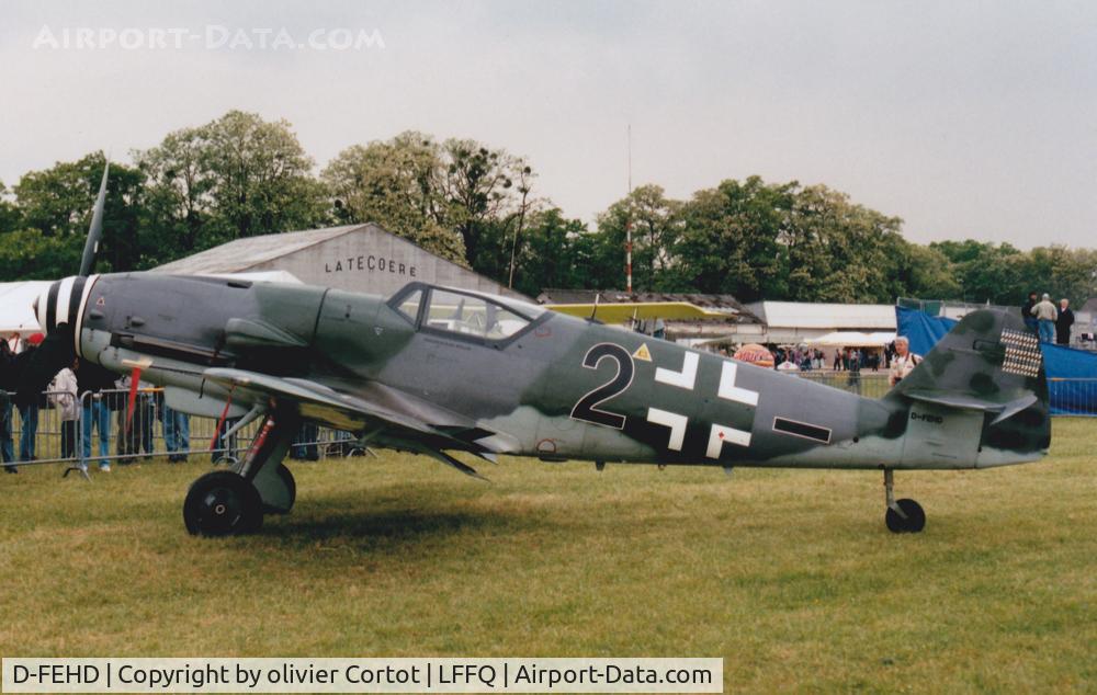 D-FEHD, Hispano HA-1112-M1L Buchon C/N 213, fitted with a Daimler engine, as a Bf-109 G-10. 1995.