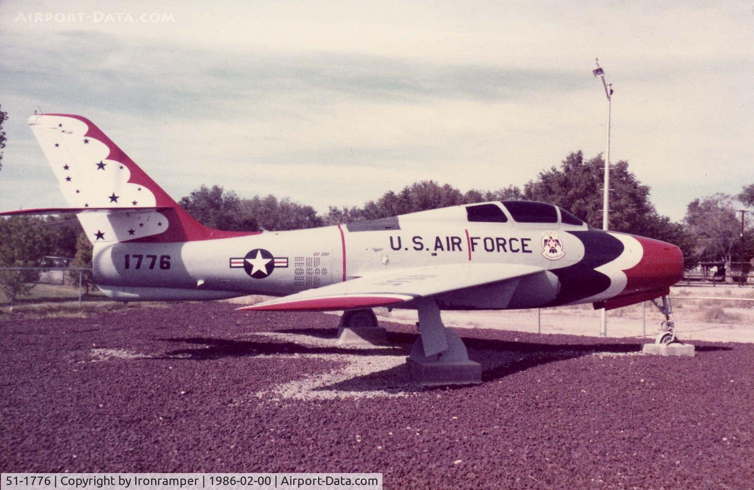 51-1776, 1951 Republic F-84F Thunderstreak C/N Not found 51-1776, Painted as a Thunderbird aircraft sitting in a school yard in Indian Springs, NV. The serial number may be incorrect, however it does match the serial number of a USAF F-84F.