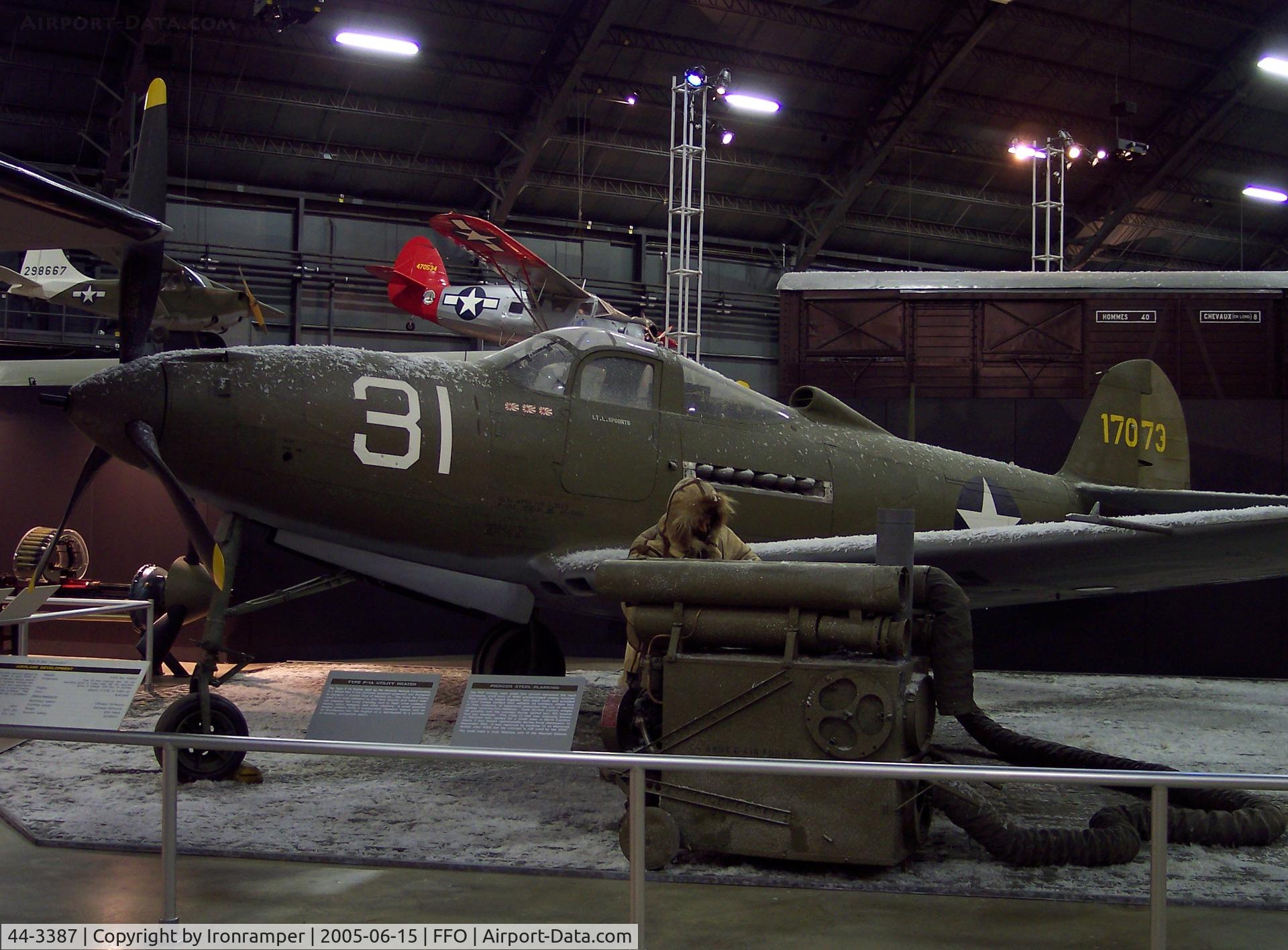 44-3387, 1944 Bell P-39Q Airacobra C/N Not found 44-3387, This “Airacobra” is painted to represent the P-39J (s/n 41-7073) flown by Lt. Leslie Spoonts of the 57th Fighter Squadron in 1942 while based on Kodiak and Adak Islands during the Aleutian Campaign.