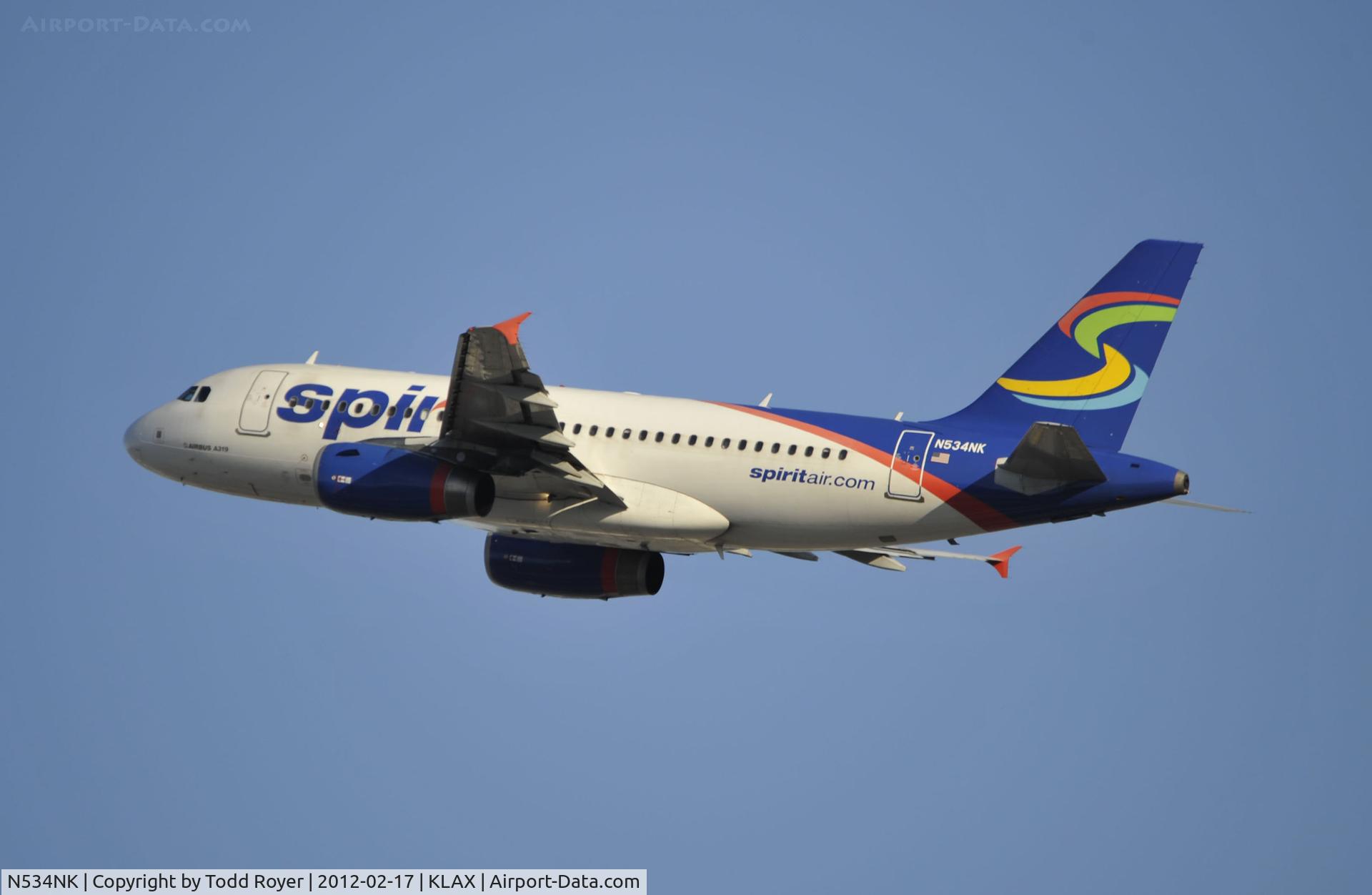 N534NK, 2008 Airbus A319-132 C/N 3395, Departing LAX on 25R