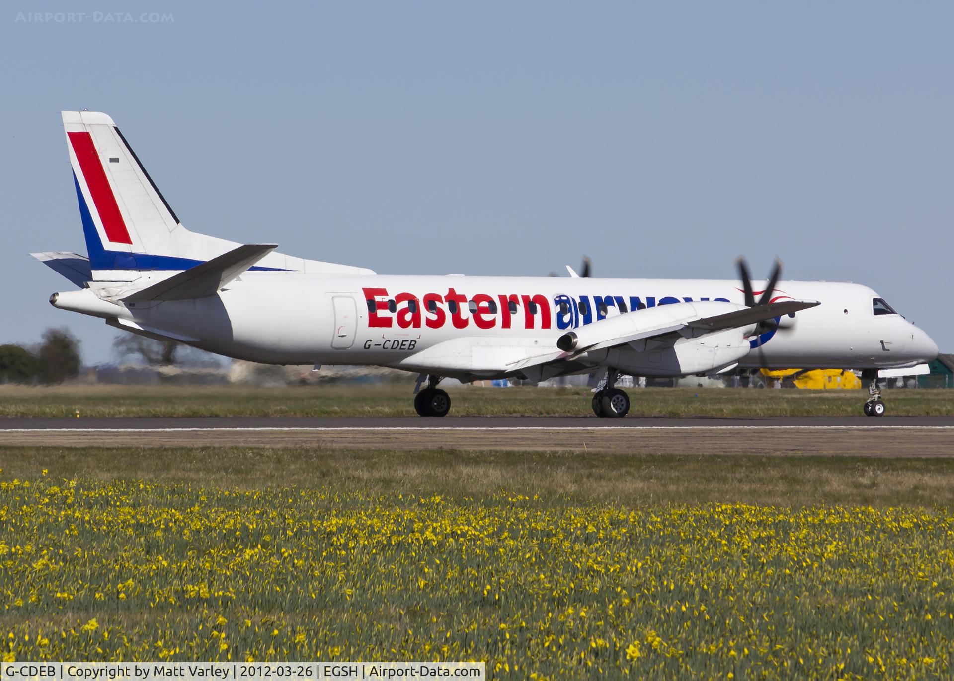 G-CDEB, 1996 Saab 2000 C/N 2000-036, Departing EGSH