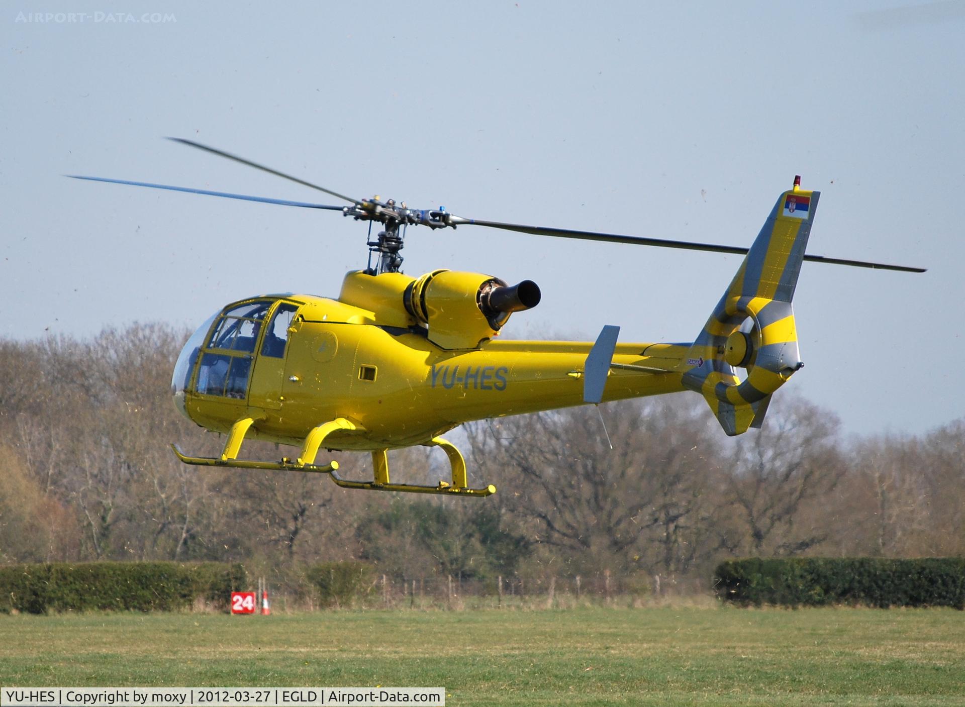 YU-HES, Aerospatiale SA-341G Gazelle C/N 1057, Aerospatiale Gazelle arriving at Denham