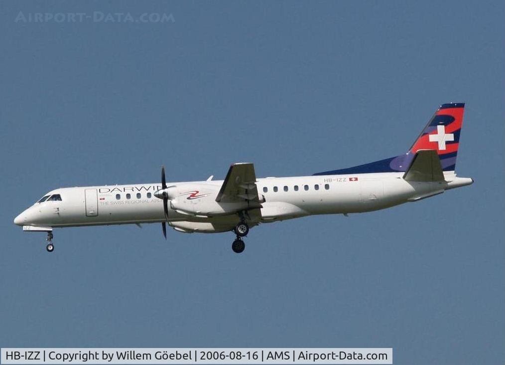 HB-IZZ, 1997 Saab 2000 C/N 2000-048, Landing on runway C18 of Schiphol Airport