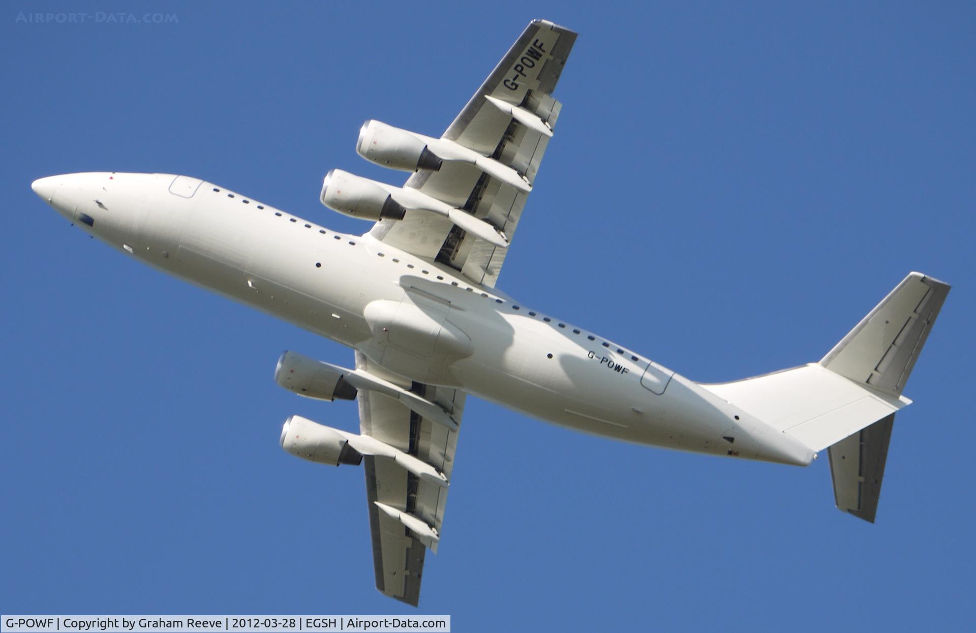G-POWF, 2000 British Aerospace Avro 146-RJ100 C/N E3373, Departing from Norwich.