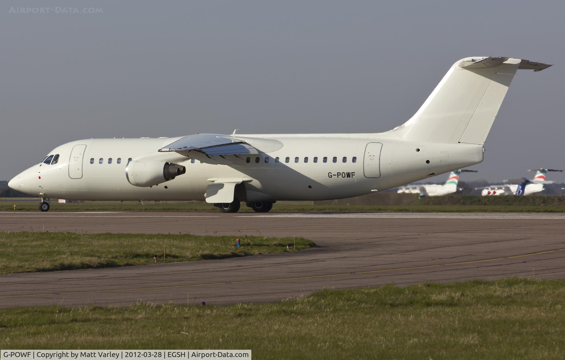 G-POWF, 2000 British Aerospace Avro 146-RJ100 C/N E3373, About to depart EGSH.