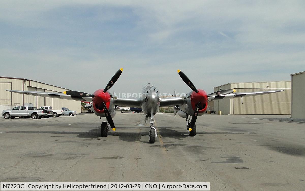 N7723C, 1944 Lockheed P-38L-5 Lightning C/N 7985, The P-38 had distinctive twin booms and a single, central nacelle containing the cockpit and armament. Named 
