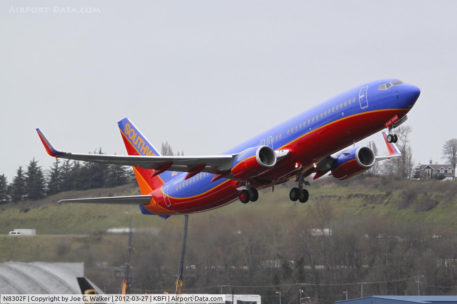 N8302F, 2012 Boeing 737-8H4 C/N 36680, Seen departing Seattle's Boeing Field is the 2nd 737-8H4 for Southwest Airlines.