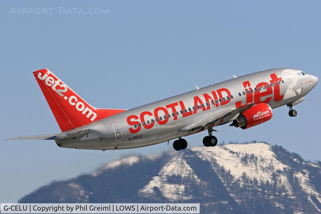 G-CELU, 1986 Boeing 737-377 C/N 23657, Taking off with snow-covered mountain in the background :) A typical Austrian winter plane-spotting pic.