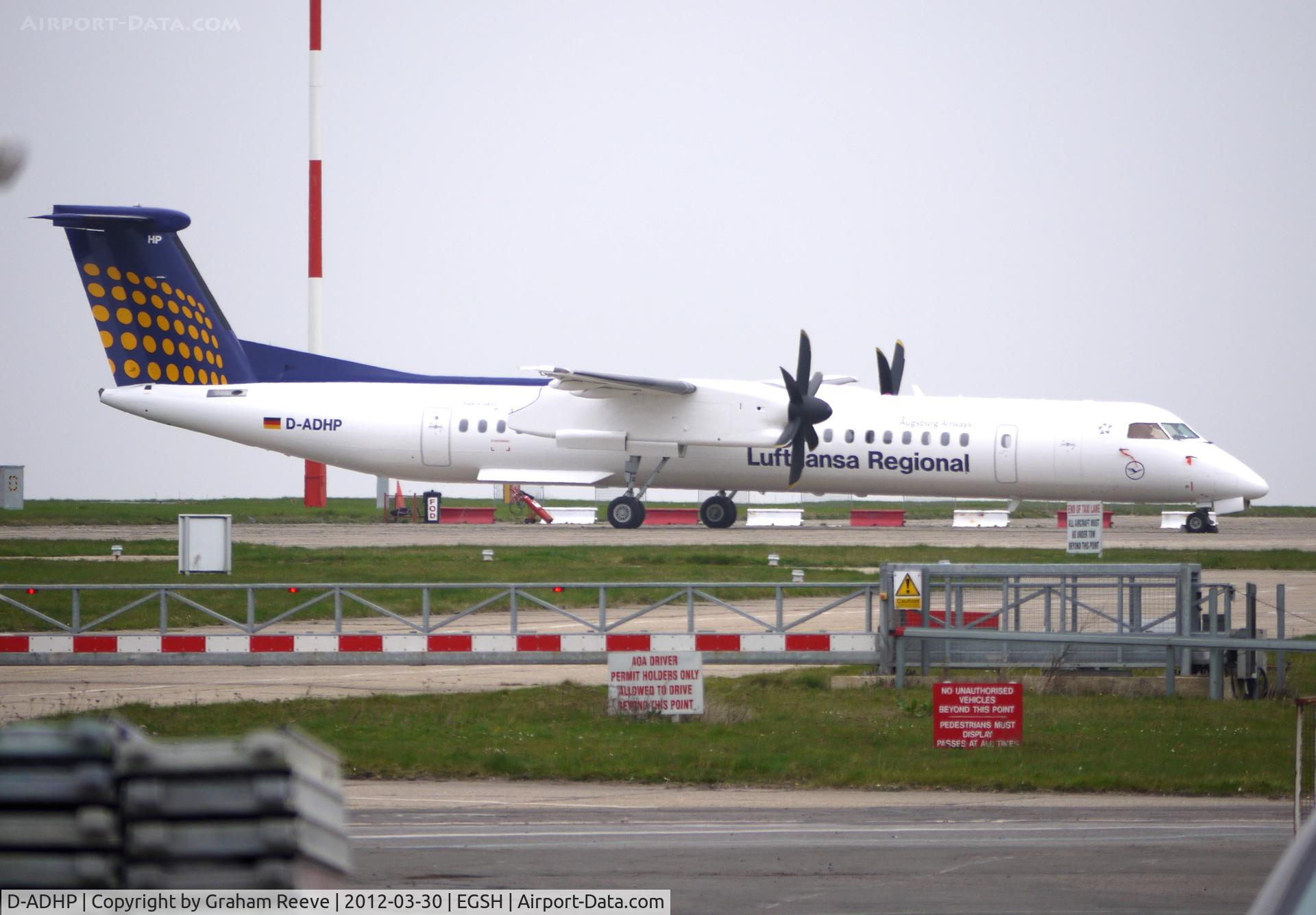 D-ADHP, 1998 De Havilland Canada DHC-8-402 Dash 8 C/N 4003, Parked at Norwich.
