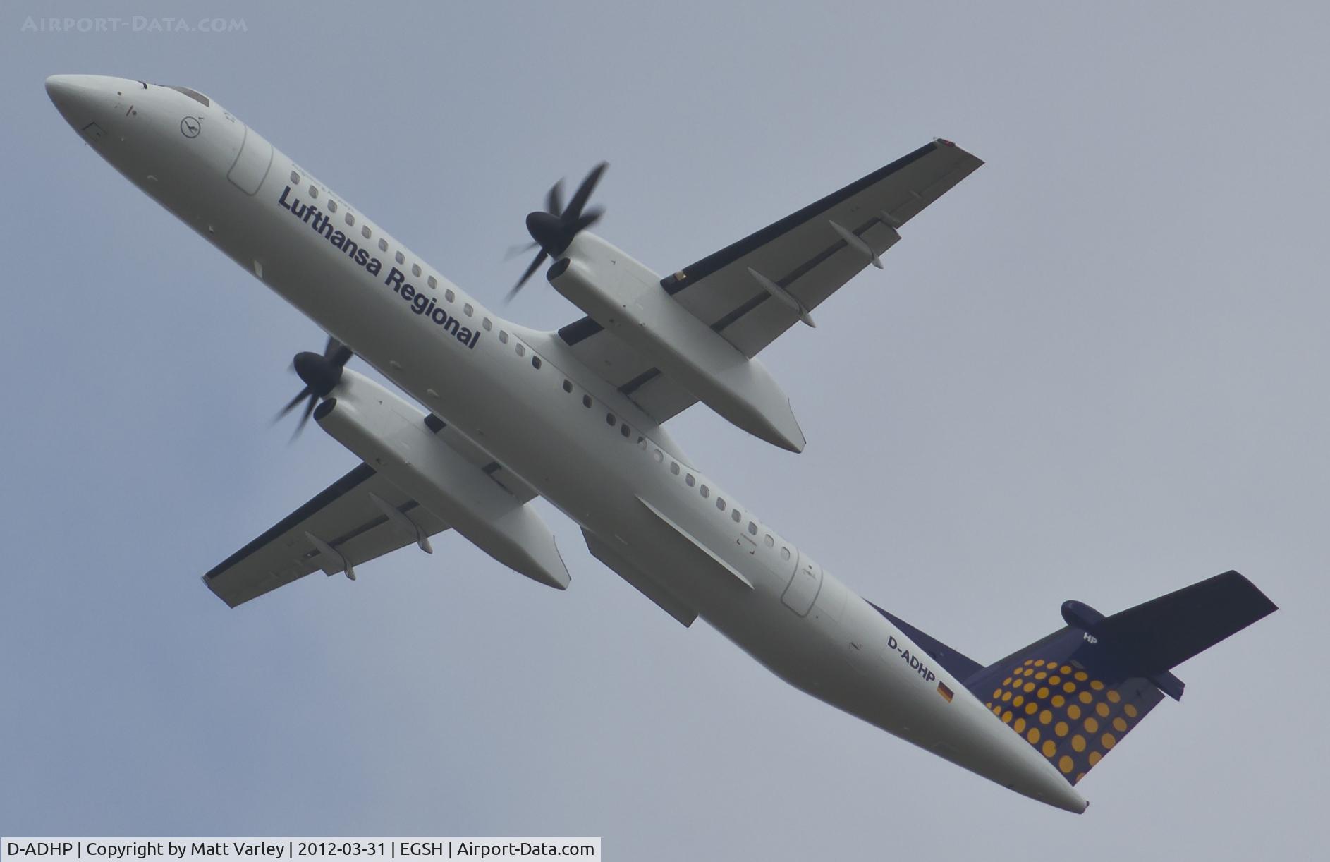 D-ADHP, 1998 De Havilland Canada DHC-8-402 Dash 8 C/N 4003, Departing from a hazy EGSH.