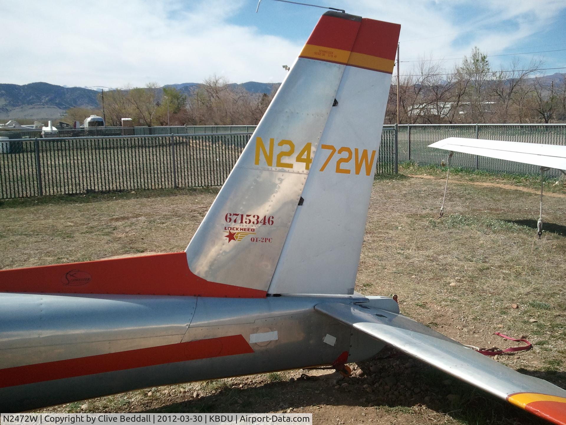 N2472W, 1967 Schweizer SGS 2-32 C/N 47, Two Schweizer 2-32s [(67-15345 and 67-15346) from the U.S. Naval Test Pilot School X-26 Program (USNTPS)] were modified to QT-2 configuration (QT for Quiet Thruster) by the Lockheed Missiles & Space Co. (LMSC) and civil registered as N2471W and N2472W. In