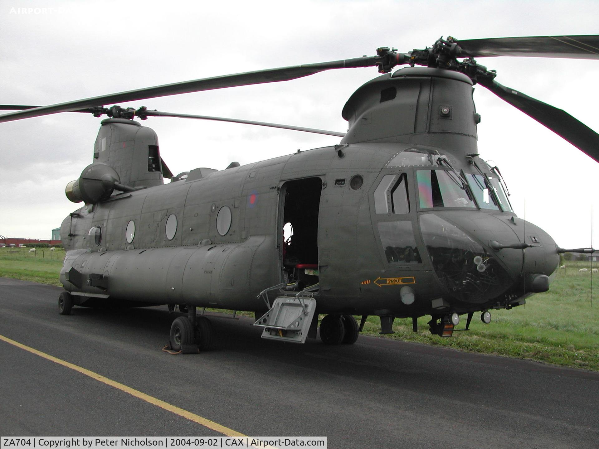 ZA704, 1981 Boeing Vertol Chinook HC.2 C/N M/A016/B-834/M7006, Another view of the 18 Squadron Chinook HC.2, callsign Vortex 532, visiting Carlisle Airport in September 2004.
