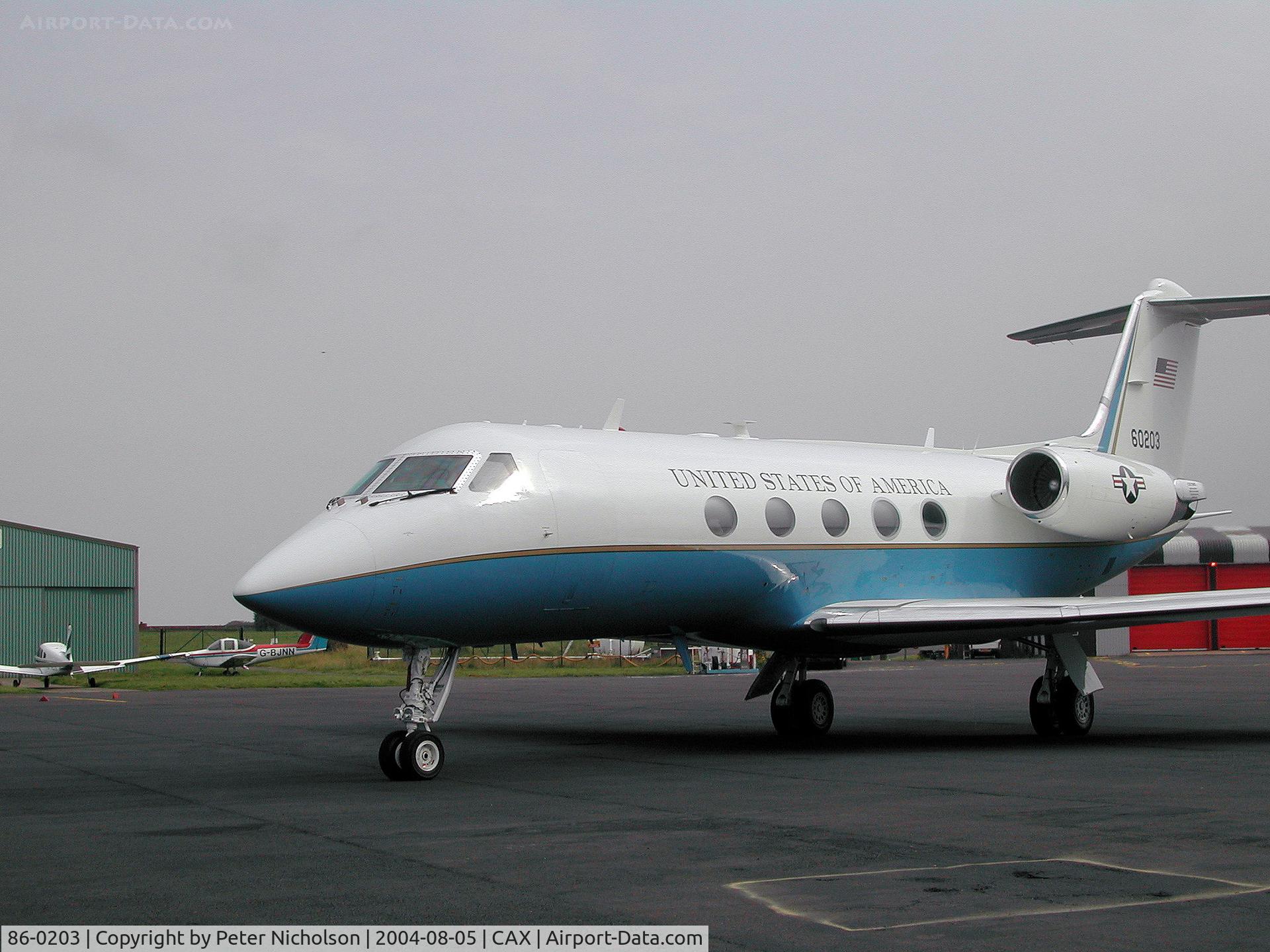 86-0203, 1986 Grumman C-20B Gulfstream III C/N 475, C-20B Gulfstream III, callsign SAM 7748, of the 99th Airlift Squadron/89th Airlift Wing visiting Carlisle in the Summer of 2004.