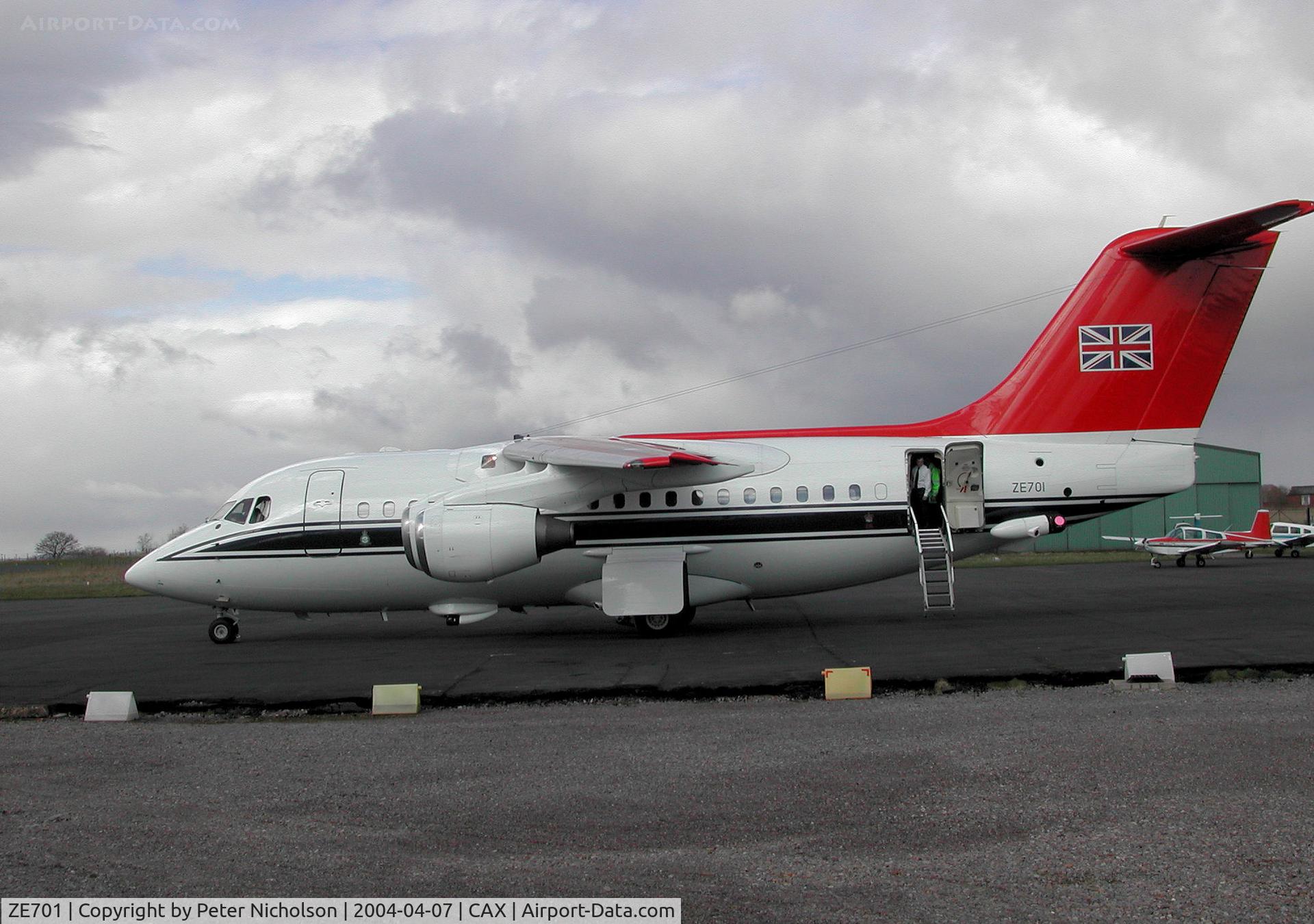 ZE701, 1985 British Aerospace BAe.146 CC.2 C/N E1029, BAe 146 CC.2, callsign Kittyhawk Seven Romeo, of 32(TR) Squadron based at RAF Northolt as seen at Carlisle Airport in April 2004.