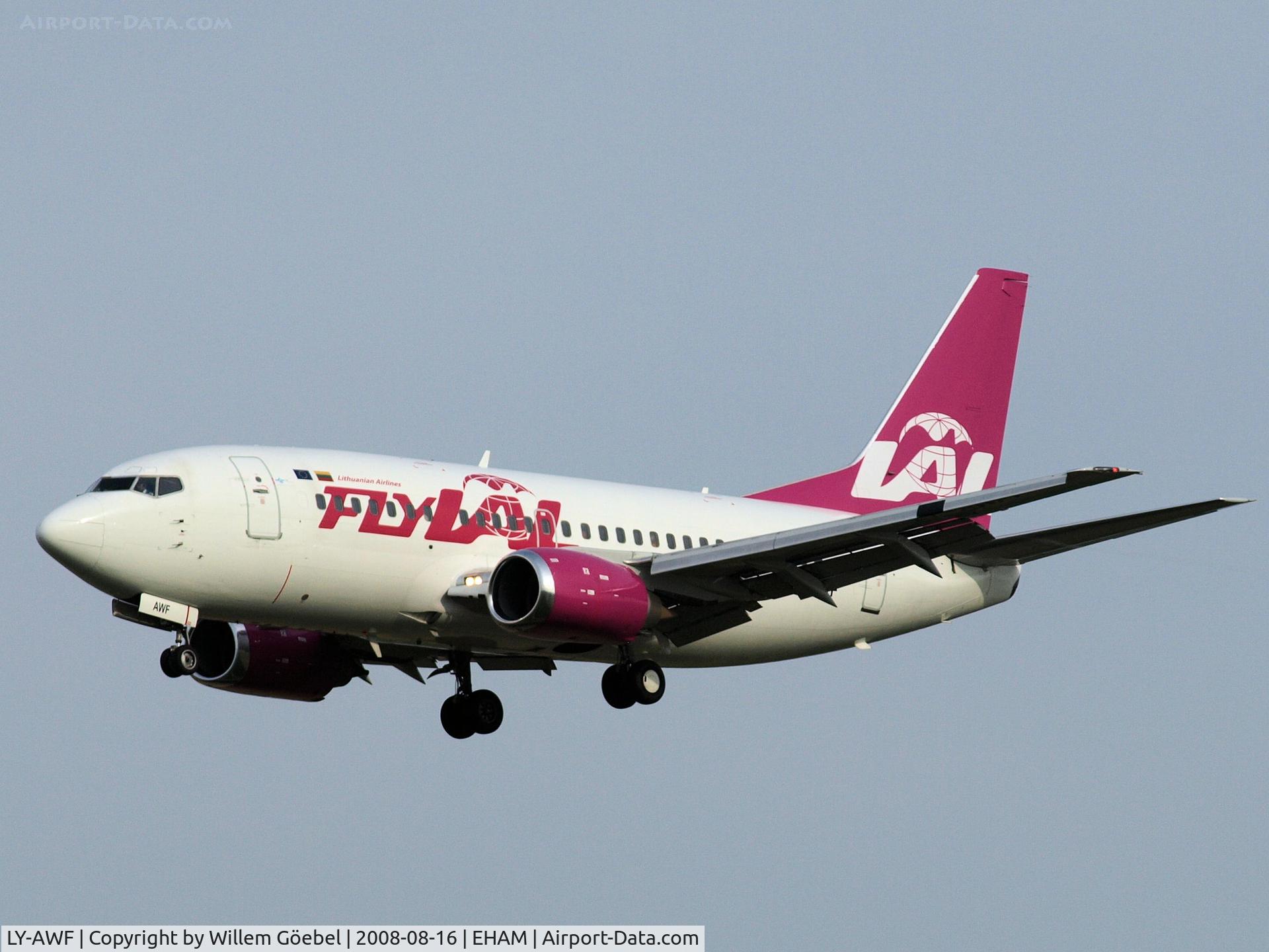 LY-AWF, 1993 Boeing 737-522 C/N 26707, Landing on runway C18 of Amsterdam Airport
