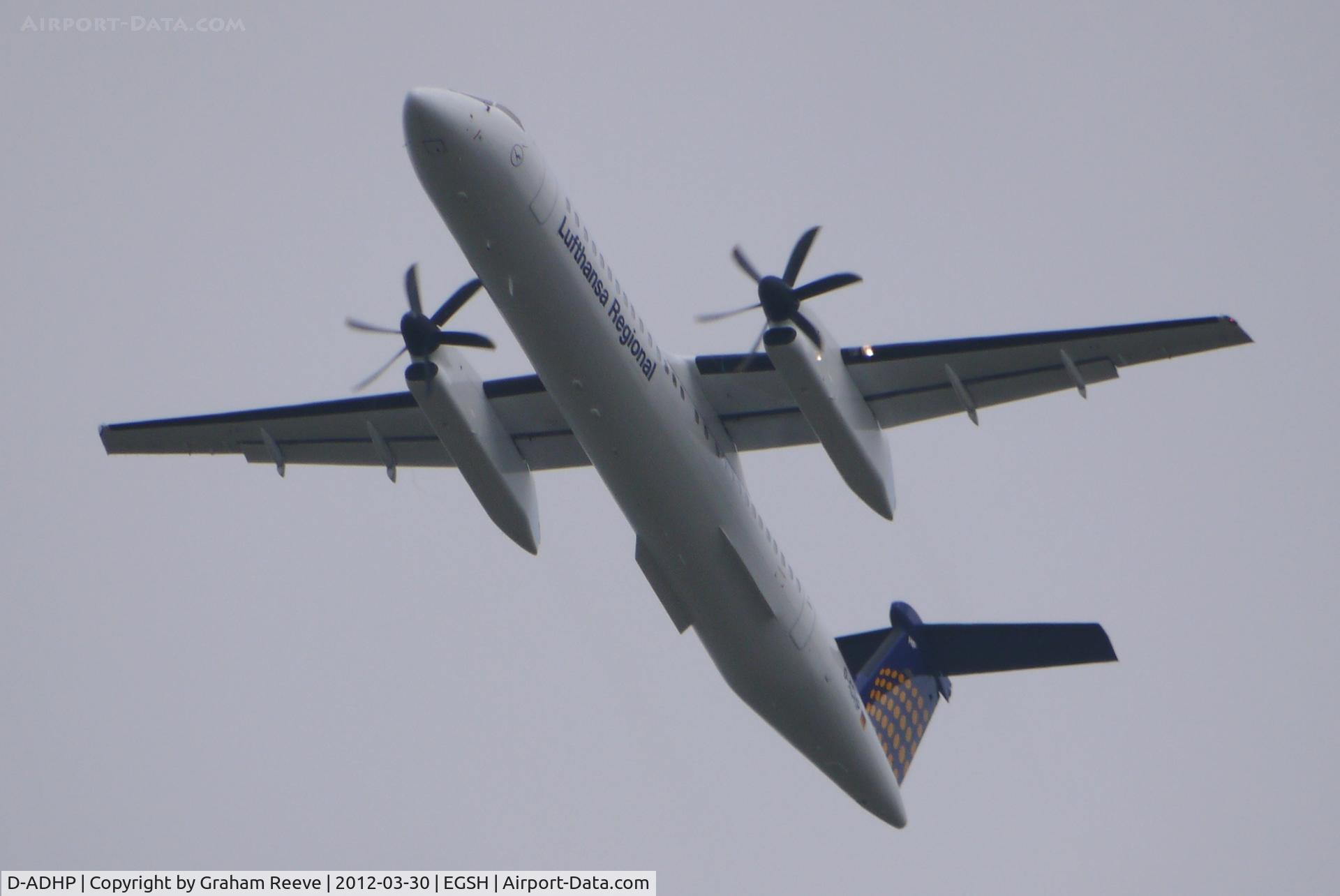 D-ADHP, 1998 De Havilland Canada DHC-8-402 Dash 8 C/N 4003, Departing from Norwich.